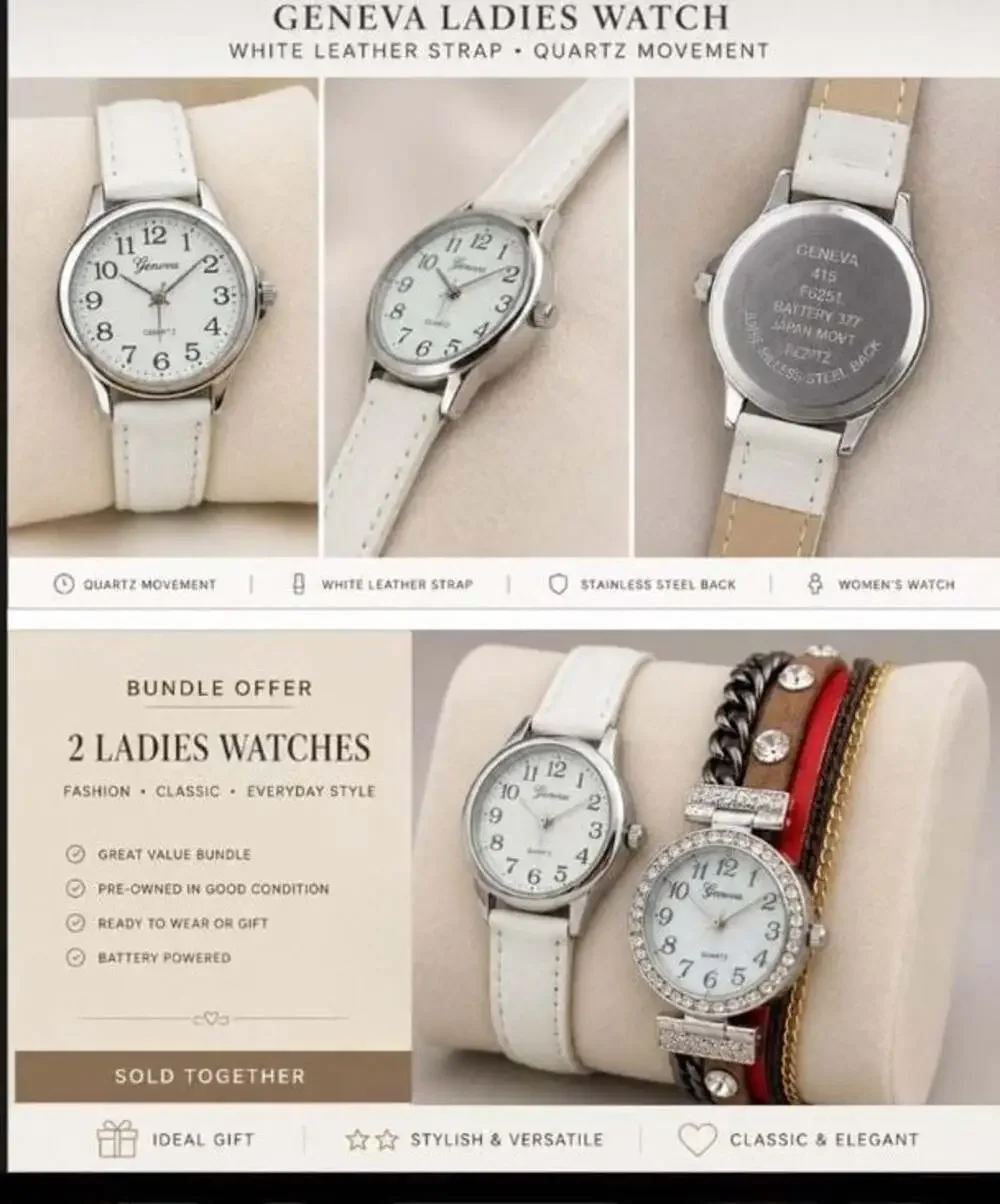 2 Geneva Women’s Quartz Watches White Leather Wrap Rhinestone Bracelet lot